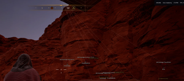 Dune Awakening ESP overlay with player boxes, loot markers, and distance readouts on Arrakis
