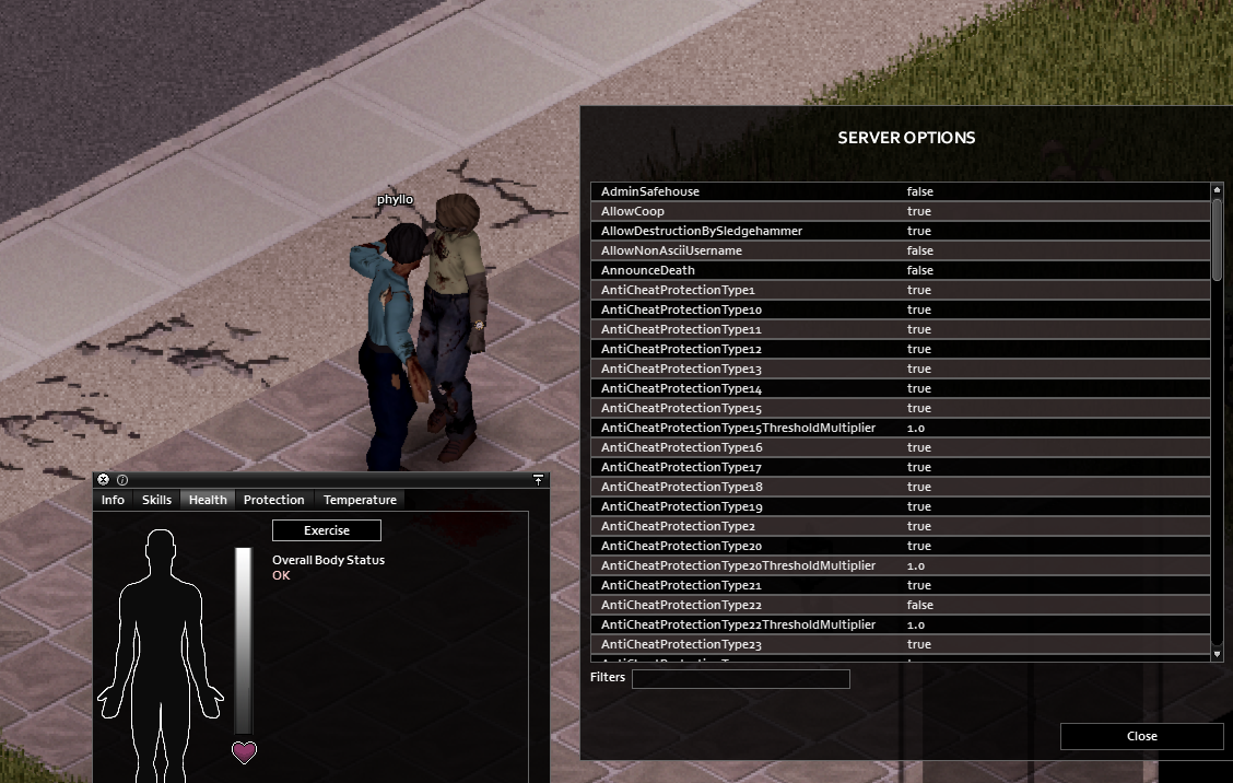 Project Zomboid cheats in-game menu with ESP, aimbot, and radar toggle controls on Windows PC