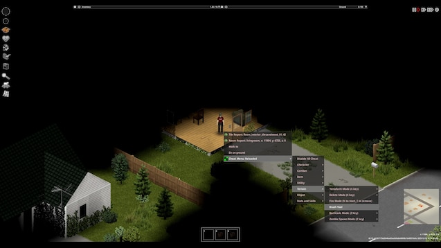 Project Zomboid ESP overlay screenshot with zombie boxes, loot markers, and distance readouts