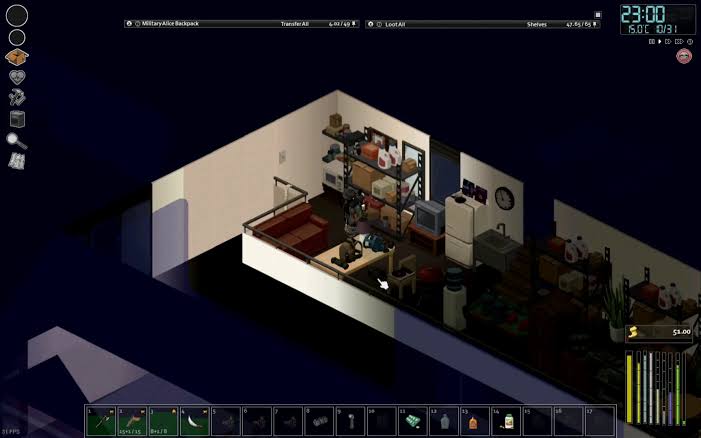 Project Zomboid gameplay — survivor fighting zombies on Knox County streets with melee and firearms
