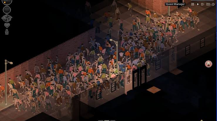 Project Zomboid gameplay — horde of zombies surrounding a survivor near abandoned buildings